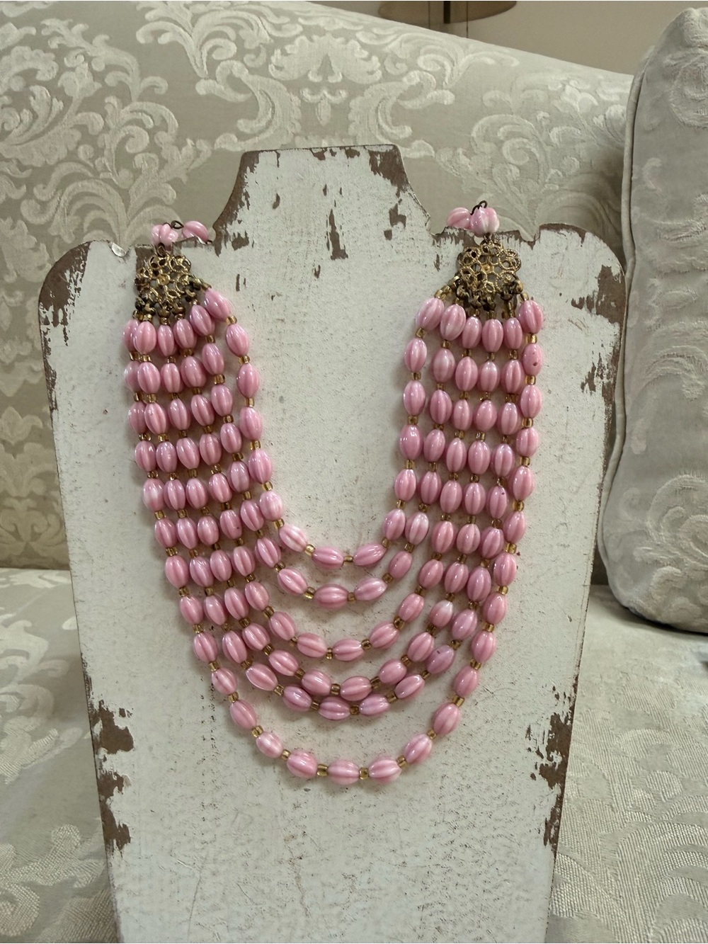 Vintage Multi 6 strand Pink Beaded Statement Necklace